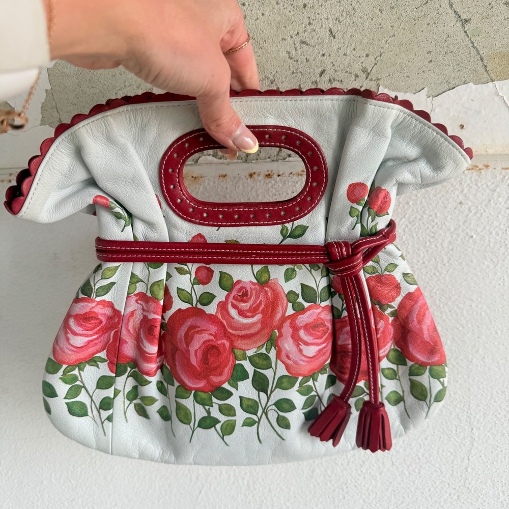 Isabella Fiore Bag Hand Painted Rose Leather Handbag Tassel Cutout Handle Y2K - Picture 9 of 10